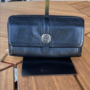 Black Leather Zip Wallet with Gold Logo Accent